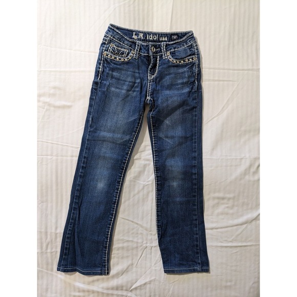 LA Idol USA Blue Denim Jeans Size 10 24x27 Women's Bootcut Heavy Stitch Bling - Picture 1 of 13
